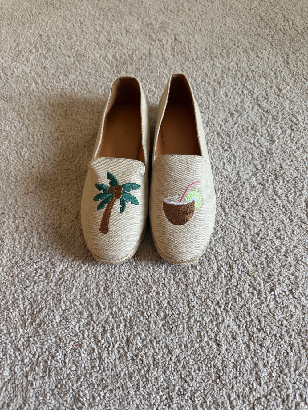 J Crew Beige Canvas Espadrille Slip-Ons with Palm & Coconut Embroidery